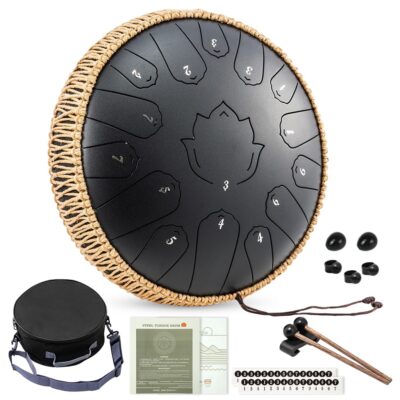 HASTHIP® Steel Tongue Drum 15 Note, 13-inch Percussion Instrument Handpan Drum with Bag, Music Book and Mallets for Kids and Adults Meditation Musical Education Concert Mind Healing Yoga-Black