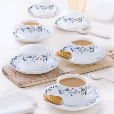 Larah by BOROSIL Helena Opalware Cup and Saucer Set of 12 Tea/Coffee Cups, 145 ml Each, Microwave & Dishwasher Safe, Bone-Ash Free, Crockery Set Ideal for Daily Use & Gifting