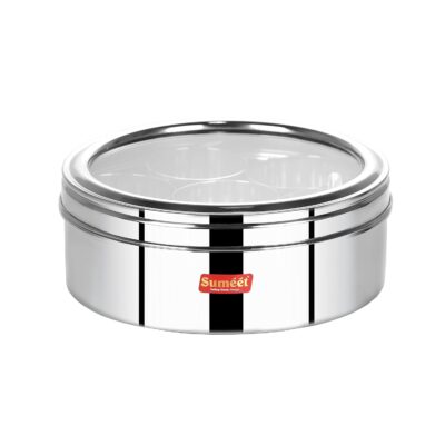 Sumeet Stainless Steel Round Masala (Spice) Box with See-Through Lid, 7 Removable Containers & Spoon – 1.5 Litre (Size 11, 18.5cm, Silver)