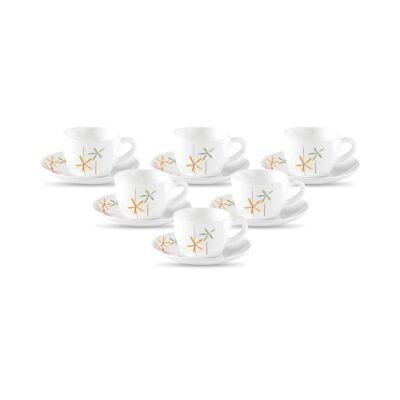 La Opala, Novo Collection Opal Glass Crockery | Cup & Saucer Princess, Set of 12 | Autumn Flower, 150 ml | for Tea & Coffee | Microwave Safe | 100% Vegetarian | Extra Strong | Super Light & White