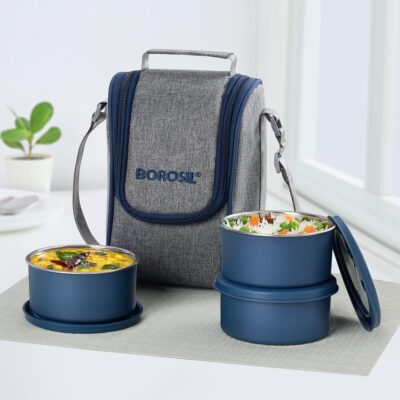 Borosil Carrymore Microwavable Stainless Steel Lunch Box with Bag | 3×300 ml Round Containers