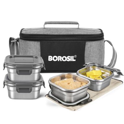 Borosil Feast Stainless Steel Lunch Box with Bag | 4×400 ml Square Containers