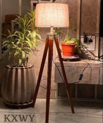 VDIX Tripod Floor Lamp for Living Room & Bedroom | Wooden Stand with Jute Fabric Shade | Modern Decorative Floor Lamp with LED Bulb (Brown)