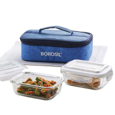 Borosil Prime Glass Lunch Box Set | 2 × 370 ml | Leak-Proof, Airtight Office Tiffin | Microwave & Freezer Safe Borosilicate Glass Containers (Transparent)