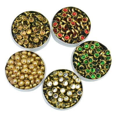 Embroidery material 4 MM Flat Back Round Kundan Stone Beads for Craft, Embroidery Work, Jewellery Making, Bangles Making Combo of 5 Colors (500 Pieces, Creamy Gold, Silver, Gold, Green & Red)