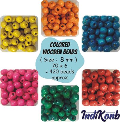 INDIKONB 800 pcs Wooden Beads for Craft, Art & DIY Projects | Multicolored & Plain Round Wooden Beads: 6 colors, 8mm