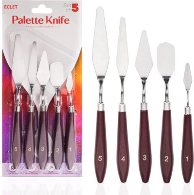 Eclet Palette Painting Knives - Set of 5 Various Sizes & Shapes, Stainless Steel Scraper Spatula with Polished Brown Handle for Artist Canvas Oil Paint Mixing Color(B)