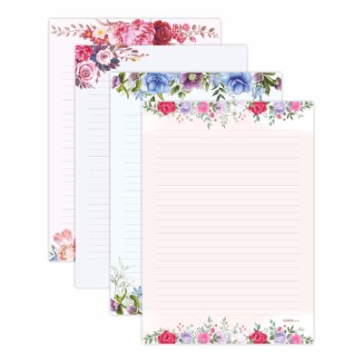 ESCAPER Designer A4 Paper Sheets – 90 GSM Writing Paper – One Side Ruled & One Side Blank – For School Projects, Assignments, Office Use & Printing (Floral Theme, 100 Sheets (25 each design))