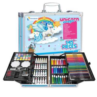 Shuban Deluxe Art Set Box & Drawing Kit with Crayons, Oil Pastels, Colored Pencil Deluxe Gift Art (145Pcs Unicorn-Blue)