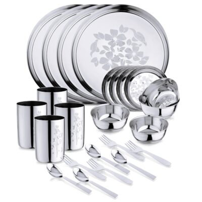 LiMETRO STEEL Stainless Steel Dinner Set – 24 Pcs, Laser Printed | Rust-Proof, Heavy-Grade 202 SS