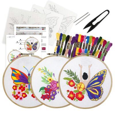 picknMAKE Cross Stitch Embroidery Kit Combo Pack for Beginners & Adults - Includes 3 Unique Designs, Hoop, Printed Fabric, Threads, Needles, Cutter, and Instructions -Craft Hobby, Multicolor
