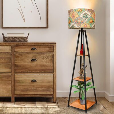 TEKCOOL Modern Floor Lamp with 3 Shelves & Jute Shade | Metal Standing Lamp with LED Bulb | Decorative Lighting for Living Room, Bedroom, Office & Home