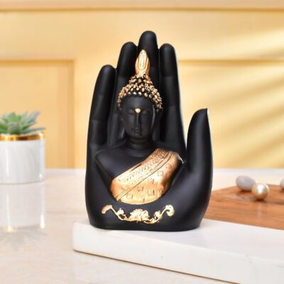 Craftvatika Golden Palm Buddha Idol – Handcrafted Polyresin Showpiece (17 cm)