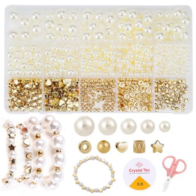 SANNIDHI® 720pcs Pearls Beads for Jewlery Making Kit, Pearl Beads for Bracelet Making, Assorted Sizes Pearl Round Beads Set Spacer Charms Golden Beads with Tools for DIY Crafts, Earrings, Necklace