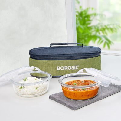 Borosil Ace Series Lunchbox with Bag | 2 × 400 ml Borosilicate Glass Containers | Leak-Proof, Airtight, Microwave & Dishwasher Safe Tiffin – Made in India