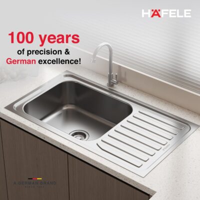 Hafele Astral 3620 Stainless Steel Single Bowl Kitchen Sink with Drainer Board | 36x20 Inches | Satin Finish | 304 Grade Steel | Modern Kitchen Sink