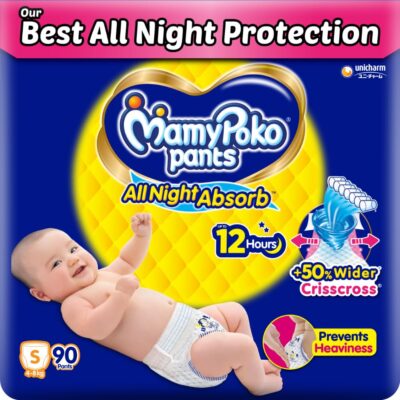 All Night Absorb| Pant Style Baby Diapers Small Size(S), 90 Count, Ideal for 4-8Kgs|+50% Wider and Repeated Absorption for All Night 12hr Protection from Leakage, Prevents Heaviness.