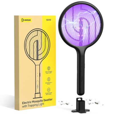 UN1QUE 2-in-1 Rechargeable Mosquito Killer Racket with 6 UV Lights | 1200mAh Battery | Base Stand | Fly Swatter Bug Zapper (Black)