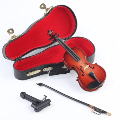 Seawoo Wooden Miniature Violin with Stand,Bow and Case Mini Musical Instrument Miniature Dollhouse Model Home Decoration (5.63"x2.05"x0.75")