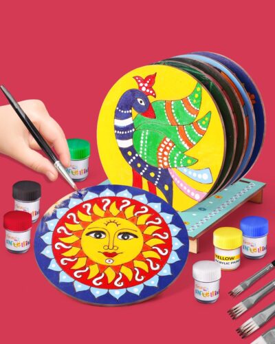 Intelliskills 3-in-1 Premium Tea Coaster Painting Kit for Kids–DIY Mandala, Madhubani&Pichwai Art–Non-Toxic, DIY Art&Craft Kit with Brush&Stand for 3+ Years, Painting Kit for Girls&Boys, Birthday Gift