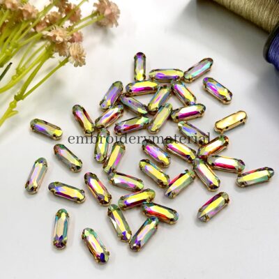 Embroidery Material Sew on Crystal Glass Stones/Rhinestone for Craft, Embroidery, Jewelry Making, Dresses, Embellishments, Bracelet Making (5 * 15MM, Tube light Shape, Rainbow, 25 Pieces) (Rainbow)