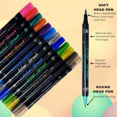 PLUSPOINT 12 Dual tip Brush Marker Metalic Artist brush pen Set watercolor double ended painting pen, fine line art markers, water-based highlighter for drawing, calligraphy, coloring books