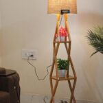 Finautica Wooden Italian Crafter Floor Lamp | Cross Design Stand with Khadi Jute Drum Shade | Standard Size, Bulb & Holder Included