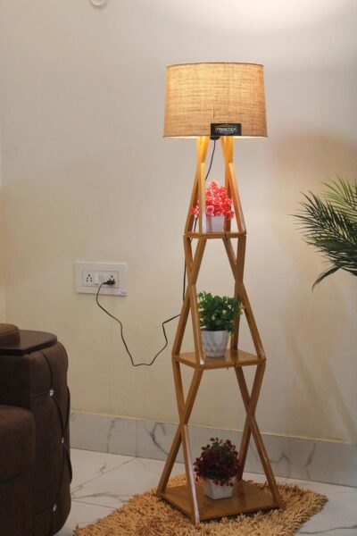 Finautica Wooden Italian Crafter Floor Lamp | Cross Design Stand with Khadi Jute Drum Shade | Standard Size, Bulb & Holder Included
