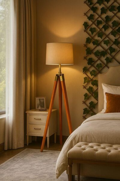JK WORLD Wooden Tripod Floor Lamp Stand with Beige Jute Shade | Modern Standing Lamp for Living Room, Bedroom & Office | Decorative Night Light | 1 Year Warranty