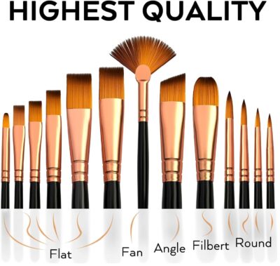 Nina Nino Painting Brushes Set of 12 Professional Round Pointed Tip Nylon Hair Artist Acrylic Paint Brush for Acrylic/Watercolor/Oil Painting