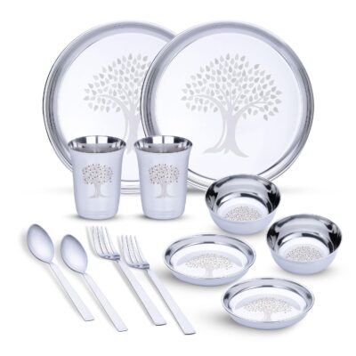 LiMETRO STEEL Stainless Steel Dinner Set – 12 Pcs, Laser Print Design | Serves 2