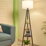 Crosscut Furniture LED Tripod Floor Lamp with 3-Tier Shelves | Modern Metal Corner Lamp with Washable Fabric Shade | Living Room & Bedroom Décor (Cotton White)