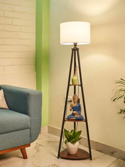 Crosscut Furniture LED Tripod Floor Lamp with 3-Tier Shelves | Modern Metal Corner Lamp with Washable Fabric Shade | Living Room & Bedroom Décor (Cotton White)