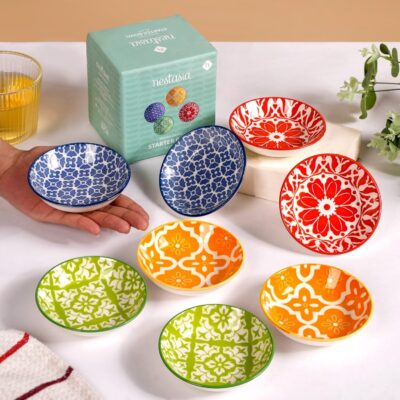 Nestasia Set of 8 Small Ceramic Plates | 70 ml Each | Vibrant Mediterranean Design | Microwave & Dishwasher Safe Serving Dishes for Dips, Desserts & Snacks