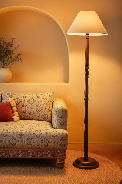 After Hour Classic Wooden Floor Lamp | Brown Taper Shade & Wooden Stand | Modern Minimalist Floor Lamp for Living Room, Bedroom & Office