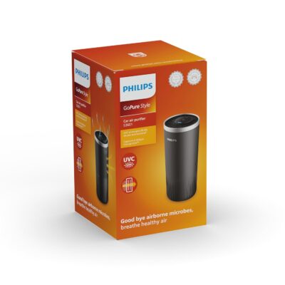 Philips GP3601 Car Air Purifier with HEPA filter captures particles as small as 0.004um (Equivelant to H14 Grade), UVC light eliminating >99.9% of bacteria and viruses, Ozone free certified product.