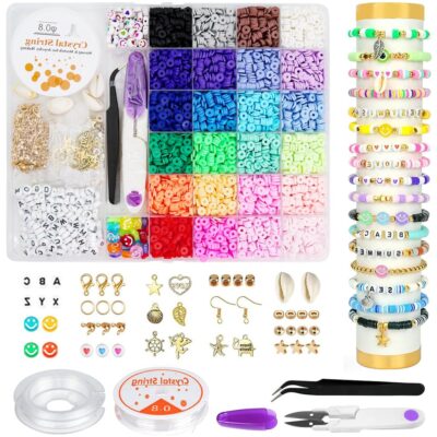 SANNIDHI® Clay Beads for Bracelet Making Kit, 6000pcs+ 24-Color Flat Polymer Beads Set with Letter Beads, Heart Smile Face Gold Beads, Charms, Tools for Jewelry DIY Crafts, Gift for Girls Women