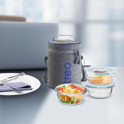 Treo by Milton All Fresh Borosilicate Glass Lunch Box Set of 3, Clear, 400 ml Each with Durable Lunch Bag, Microwave & Dishwasher Safe, Leakproof Containers, Office Tiffin
