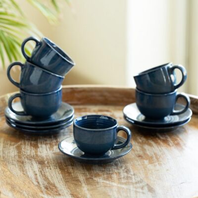 ExclusiveLane 'Ocean Ripples' Ceramic Tea Cup and Saucer Set of 6 (Studio Pottery, 120 ml, Blue, Microwave Safe) |Ceramic Cup Saucer Set of 6 for Tea Cups with Saucer Chai Cup Coffee Cup with Saucers