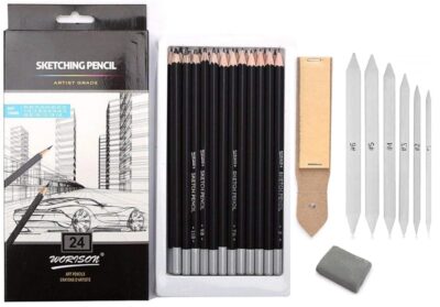 worison 32 Piece Professional Drawing and Sketching Set – Includes 24 Sketching Pencils, 6 Paper Stumps, 1 Sandpaper Block, and 1 Kneaded Eraser for Artists, Students, and Hobbyists