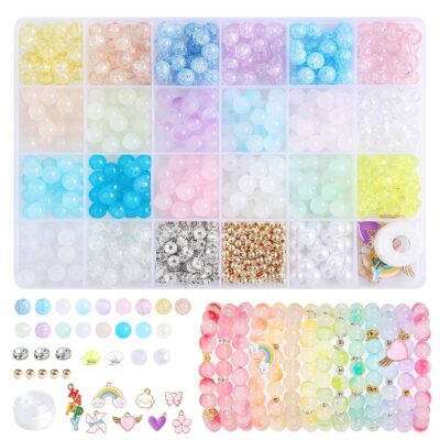 SANNIDHI® 670pcs 8 Mm Bracelet Beads for Bracelet Making, Cracked Crystal Beads Set, Glass Beads For Kids Activity, 24-Grid Color, Multicolor