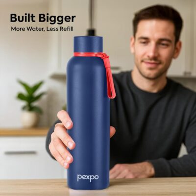 Pexpo Bravo 1000 ISI Certified Stainless Steel Water Bottle, 980 ml, Denim Blue | Tri-Ply Vacuum Technology | 24 Hr Hot & Cold | Leak Proof | Double Wall Flask | BPA-Free | Ideal for Home, Office, Gym & Travel