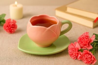 The Deluxe Creations Tulip Shaped Ceramic Cup & Leaf Saucer Set – Pink, 275ml | Handmade Tea/Coffee Mug | Rakhi Gift for Sister | Microwave Safe | Elegant Gift Set for Home & Kitchen