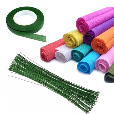 ArtZON Crepe Paper Flower Craft Kit with 10 Sheets (25x85 cm) Crepe Paper, 25 Floral Stems (30 cm), and Green Floral Tape