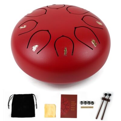 Essenza 8 Notes 6 Inch Red Alloy Steel Tongue Drum - Perfect Percussion Musical Instrument for Kids and Adults - Handpan Drum for Meditation, Yoga - Includes Mallets, Finger Picks with Travel Bag