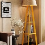 Mikabi Wooden Floor Lamp for Living Room Decoration with LED Bulb | Night Lamp with Plug & Switch | Lamps for Bedroom, Living Room (Natural Linen Shade)