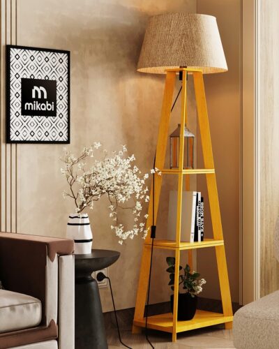 Mikabi Wooden Floor Lamp for Living Room Decoration with LED Bulb | Night Lamp with Plug & Switch | Lamps for Bedroom, Living Room (Natural Linen Shade)