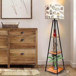 Crosscut Furniture Metal Floor Lamp with 3 Shelves (Farm Petal) | Tripod Design with Washable Fabric Shade | LED Bulb Included | Multicolour