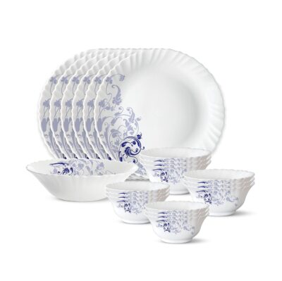 Larah by Borosil Blue Eve Silk Series Opalware Dinner Set – 19 Pcs, Microwave & Dishwasher Safe, Bone-Ash Free