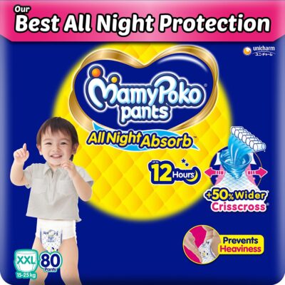 All Night Absorb| Pant Style Baby Diapers XX- Large Size(XXL), 80 Count, Ideal for 15-25Kgs|+50% wider and repeated absorption for all night 12hr protection from leakage, prevents heaviness.